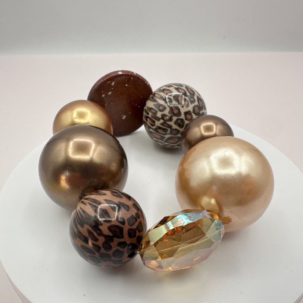 Vintage 90s Chunky Leopard Print Glass Beaded Stretch Bracelet Fashion Jewelry
